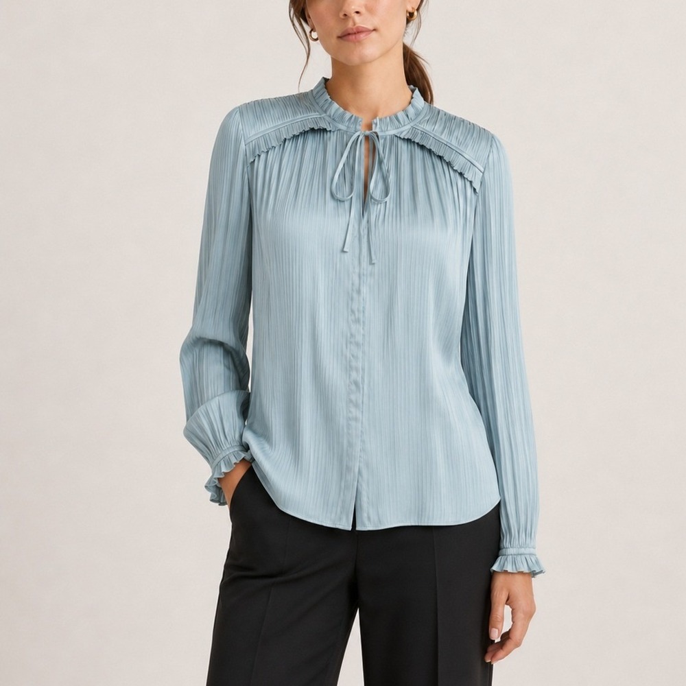 Reiss Light Blue Pleated Tie-Neck Blouse